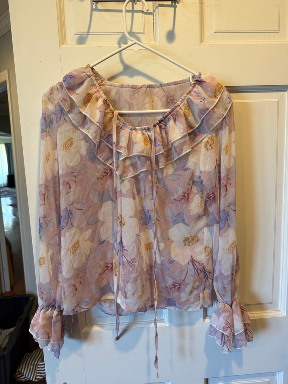 Sheer Floral Ruffle Peasant Top - Lavender
